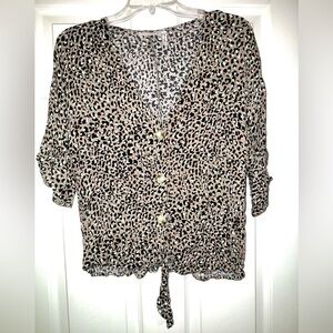 Leopard Print Button-Up Shirt Sleeve Blouse